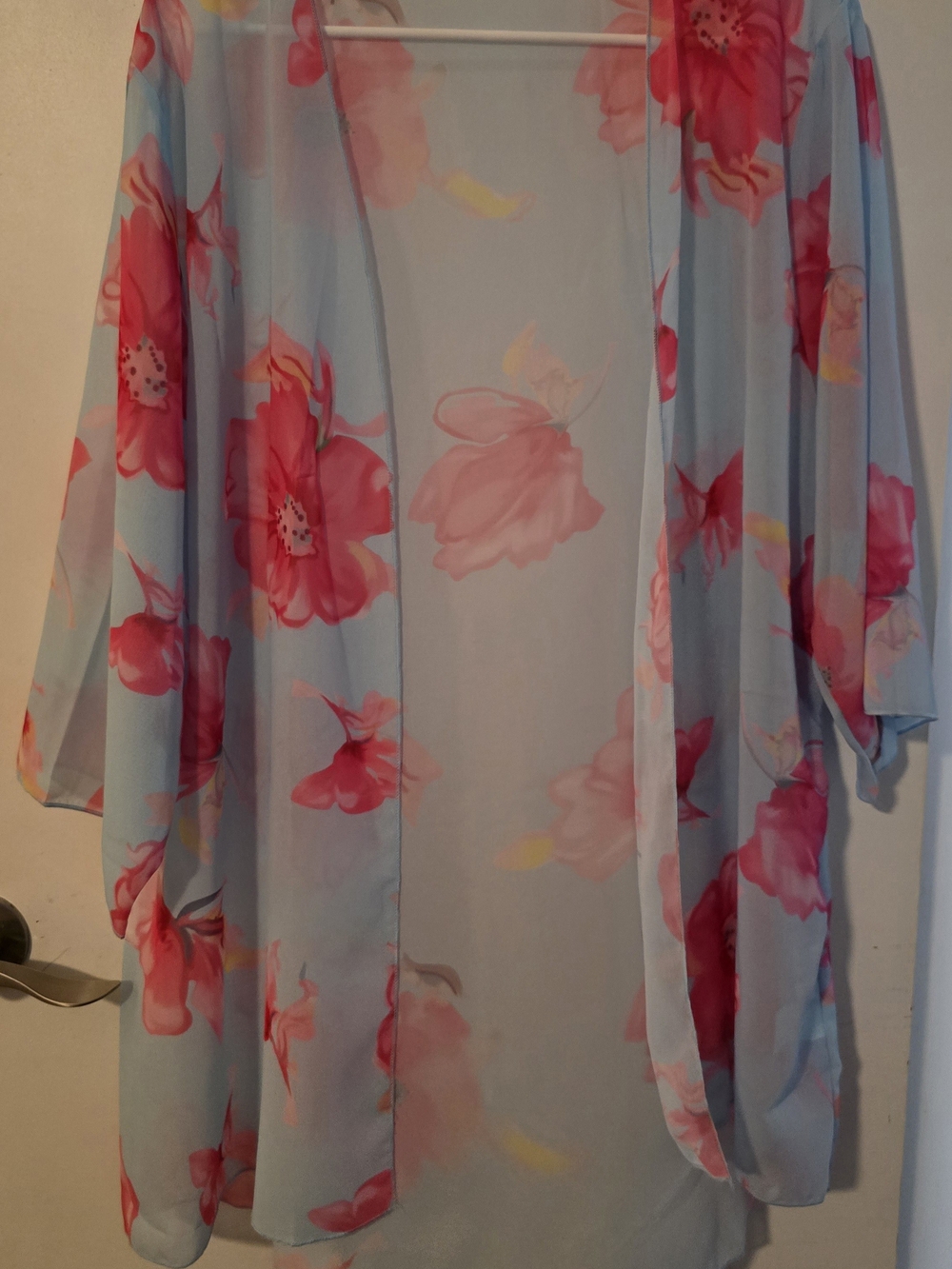 Floral Sheer Kimono Cardigan - Pink Floral on Light Blue